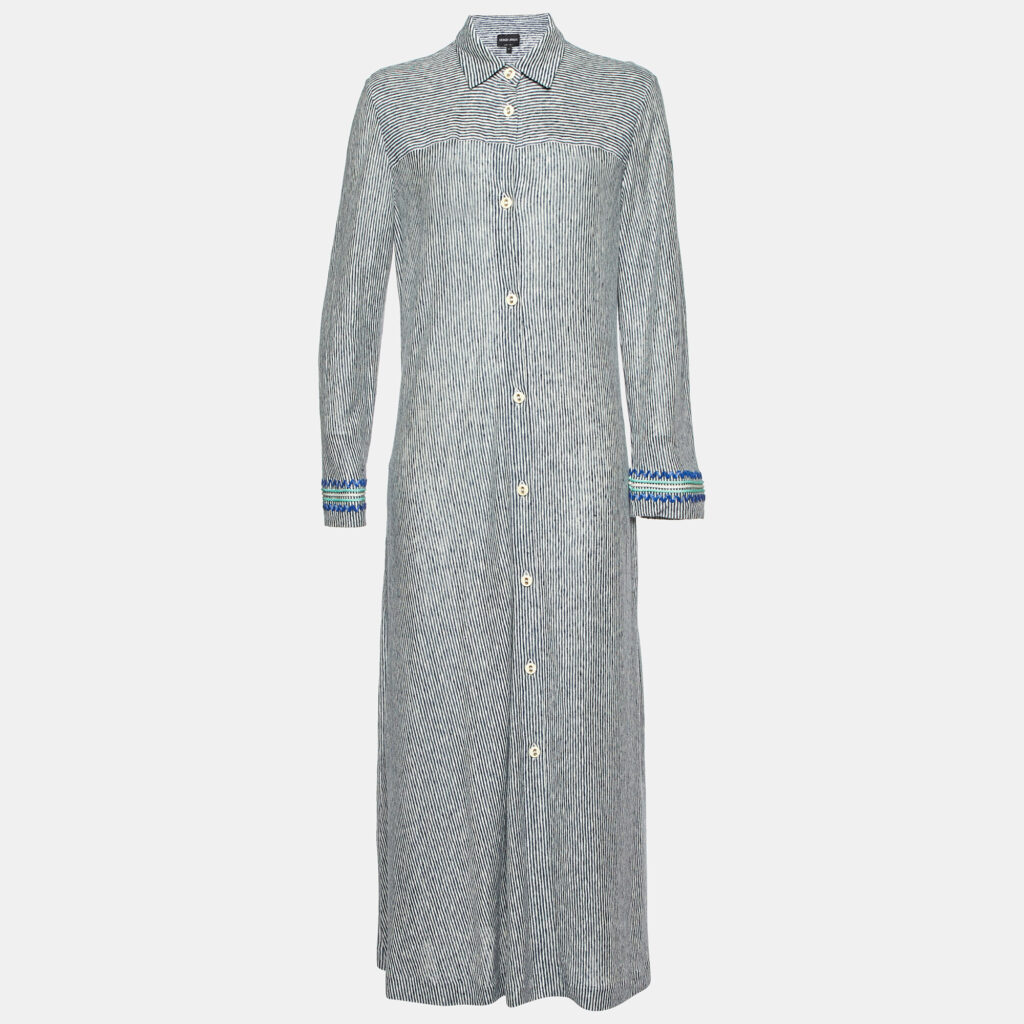 luxury-women-giorgio-armani-used-clothes-p1102356-006 Giorgio Armani Navy Blue/White Linen and Cotton Knit Long Shirt Dress M