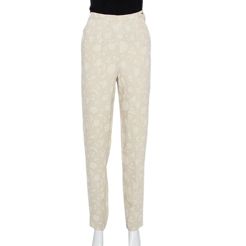 luxury-women-giorgio-armani-used-clothes-p437100-006 Giorgio Armani Cream Floral Jacquard Tapered Vintage Trousers XS