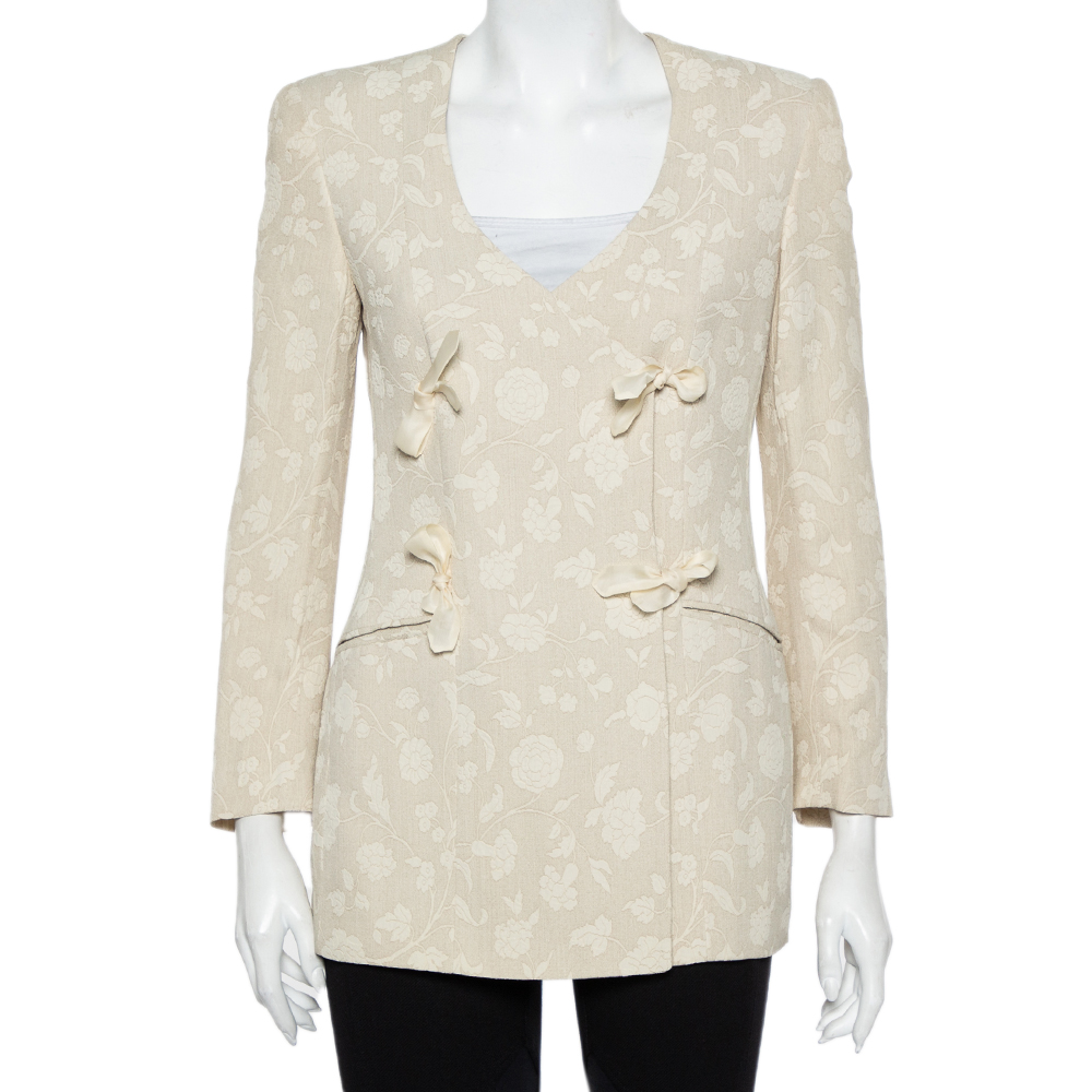 luxury-women-giorgio-armani-used-clothes-p437103-005 Giorgio Armani Cream Floral Jacquard Tie Detail Vintage Blazer XS