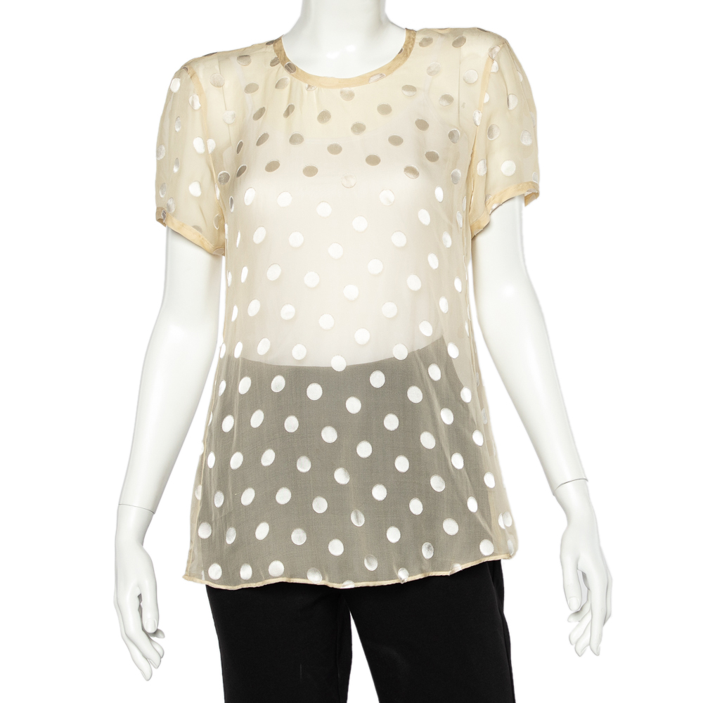 luxury-women-giorgio-armani-used-clothes-p482256-003 Giorgio Armani Yellow Polka Dot Silk Button Back Top L
