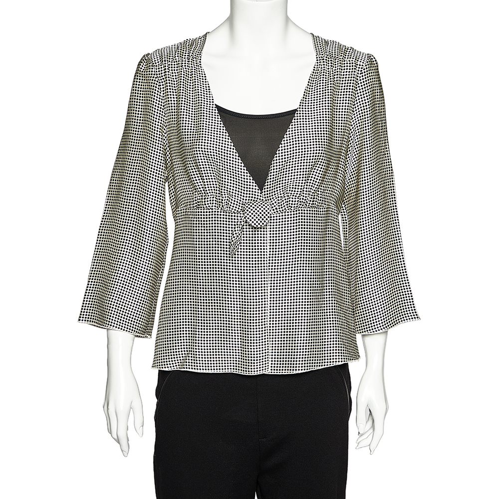 luxury-women-giorgio-armani-used-clothes-p499773-004 Giorgio Armani White Polka Dotted Silk Satin Gathered Blouse L