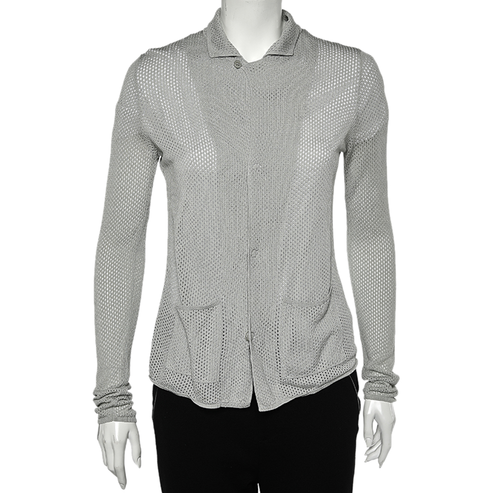 luxury-women-giorgio-armani-used-clothes-p571672-001-2 Giorgio Armani Grey Perforated Knit Cardigan XL