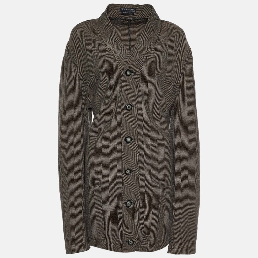 luxury-women-giorgio-armani-used-clothes-p647368-002-2 Giorgio Armani Vintage Brown Patterned Wool Button Front Cardigan XL