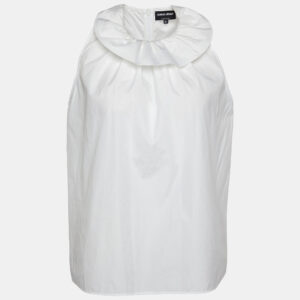 Giorgio Armani White Cotton Ruffle Neck Sleeveless Top S