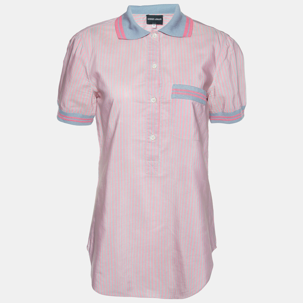 luxury-women-giorgio-armani-used-clothes-p981503-001 Giorgio Armani Pink Stripe Poplin Half Placket Shirt M