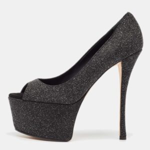 Giuseppe Zanotti Black Glitter Suede Platform Peep Toe Pumps Size 39.5