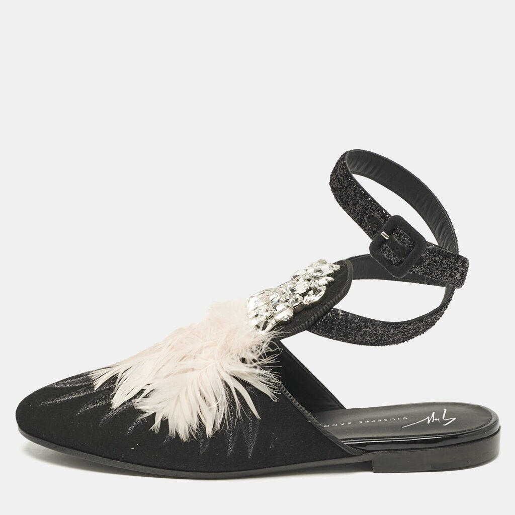 luxury-women-giuseppe-zanotti-new-shoes-p1110275-001 Giuseppe Zanotti Black/Pink Feather and Suede Ankle Strap Mules Size 38