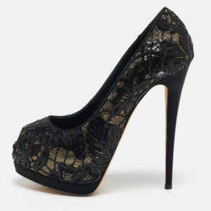 Giuseppe Zanotti Black Glitter and Sequins Peep Toe Pumps Size 39.5