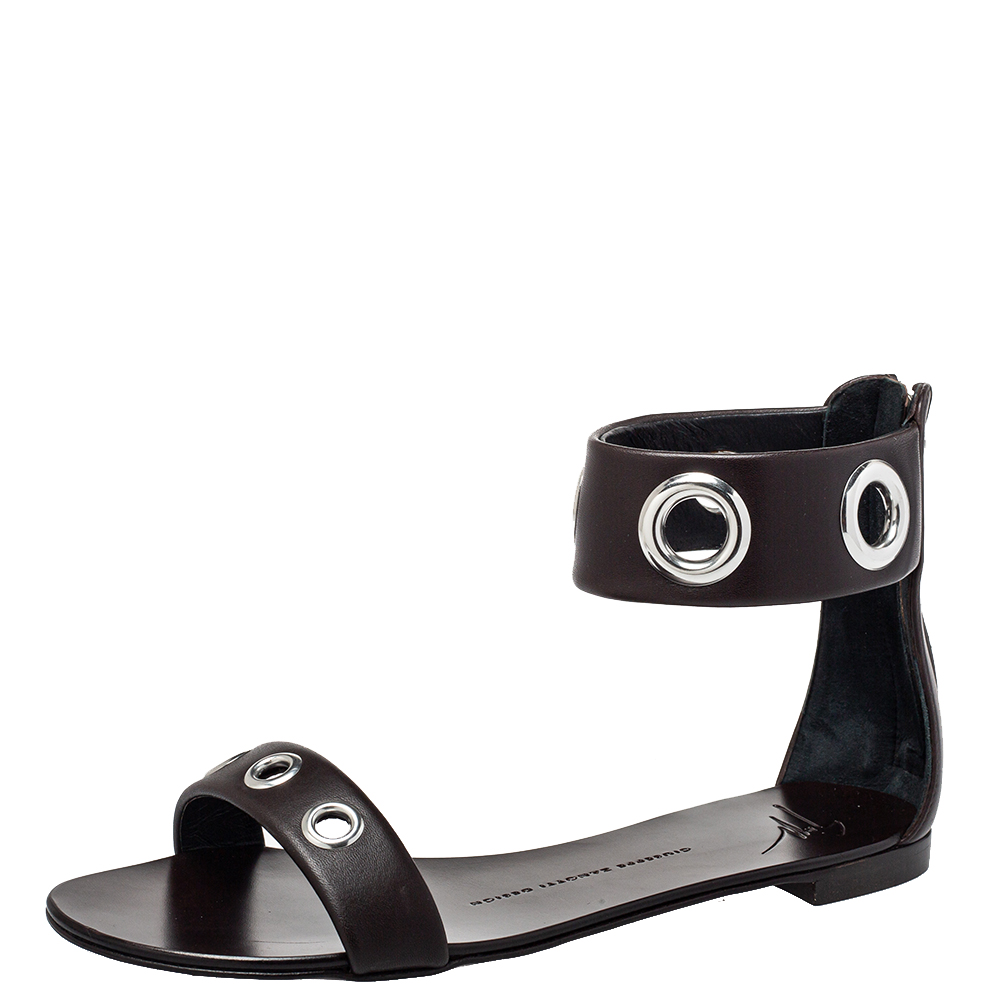 luxury-women-giuseppe-zanotti-new-shoes-p404299-006 Giuseppe Zanotti Brown Leather Flat Ankle Cuff Sandals Size 38