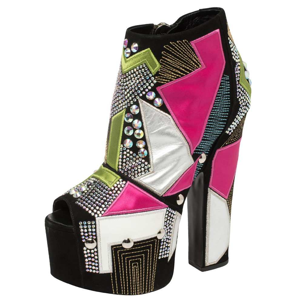 luxury-women-giuseppe-zanotti-new-shoes-p404367-005 Giuseppe Zanotti Multicolor Suede And Leather Geometric Platform Ankle Booties Size 39