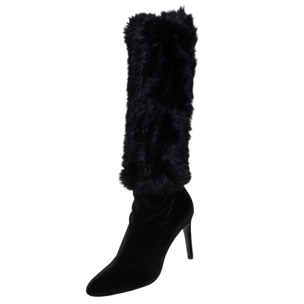 luxury-women-giuseppe-zanotti-new-shoes-p460432-007 Giuseppe Zanotti Black Stretch Fabric And Fur Bimba Knee High Boots Size 40