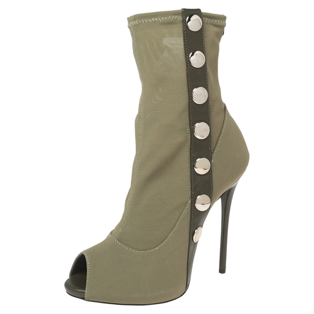 luxury-women-giuseppe-zanotti-new-shoes-p599622-008-2 Giuseppe Zanotti Army Green Canvas and Studded Leather Peep-Toe Ankle Boots Size 37