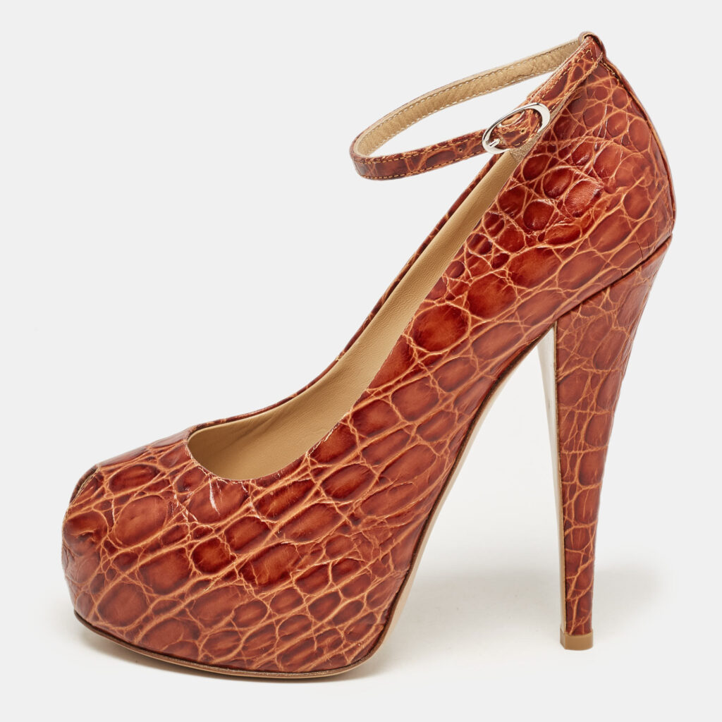 luxury-women-giuseppe-zanotti-new-shoes-p934992-002 Giuseppe Zanotti Brown Croc Embossed Leather Peep Toe Platform Pumps Size 38.5