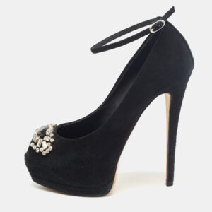 Giuseppe Zanotti Black Suede Crystal Embellished Peep Toe Pumps Size 37