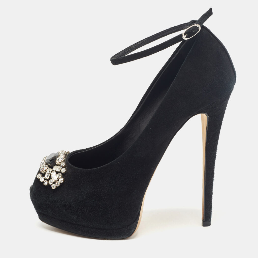 luxury-women-giuseppe-zanotti-used-shoes-p1029314-001 Giuseppe Zanotti Black Suede Crystal Embellished Peep Toe Pumps Size 37