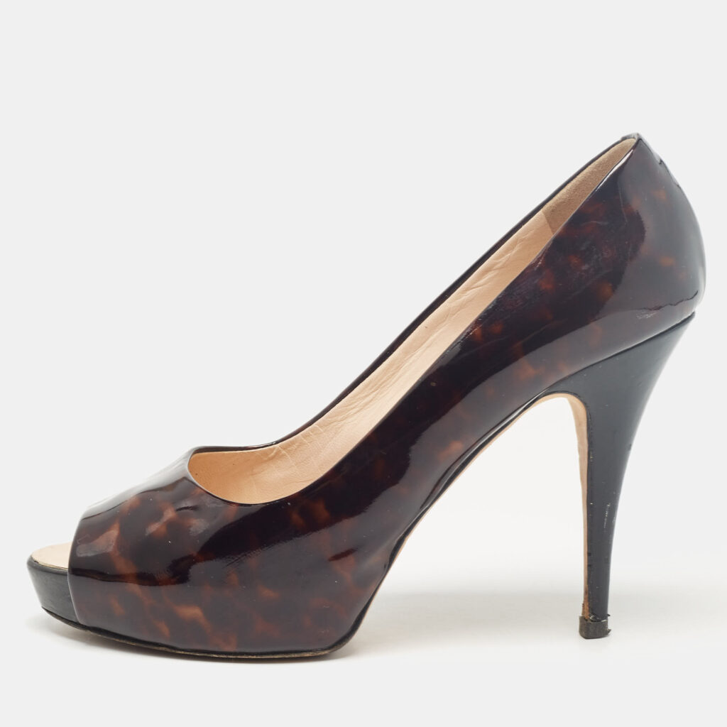 luxury-women-giuseppe-zanotti-used-shoes-p1029675-001 Giuseppe Zanotti Brown/Black Printed Patent Leather Peep Toe Pumps Size 38.5