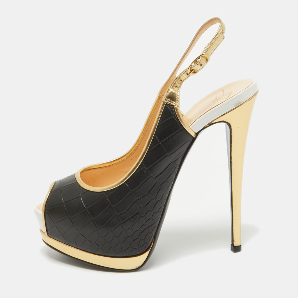 luxury-women-giuseppe-zanotti-used-shoes-p1038894-002 Giuseppe Zanotti Black Croc Embossed Peep Toe Pumps Size 38