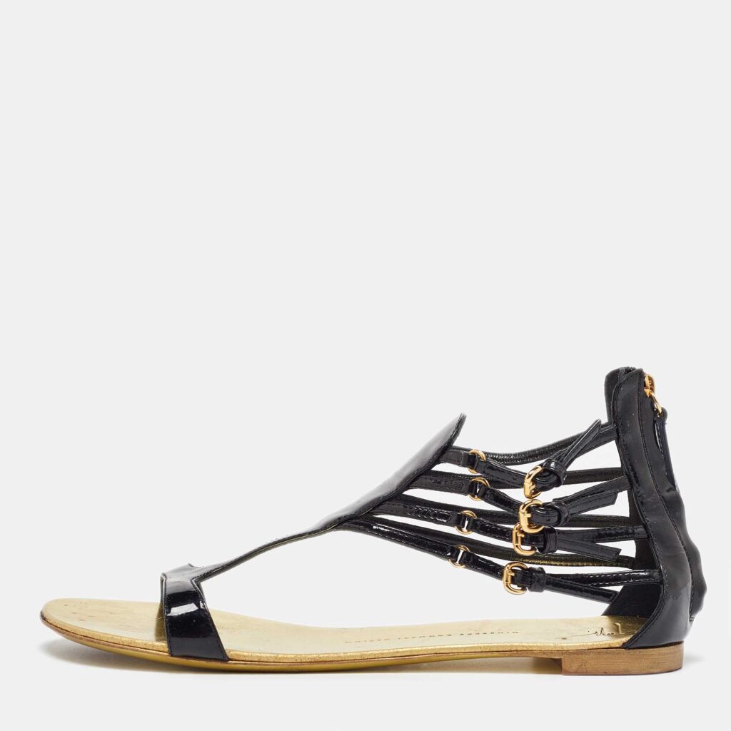 luxury-women-giuseppe-zanotti-used-shoes-p1040745-003 Giuseppe Zanotti Black Patent Leather Ankle Strap Flat Sandals Size 40