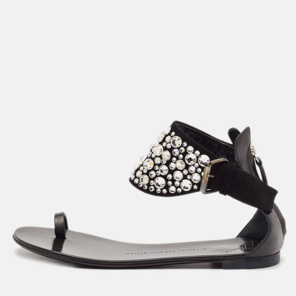 Giuseppe Zanotti Black Suede and Leather Crystal Embellished Ankle Wrap Flat Sandals Size 36