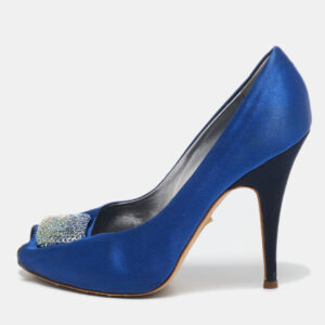 Giuseppe Zanotti Blue Satin Crystal Embellished Peep Toe Platform Pumps Size 37