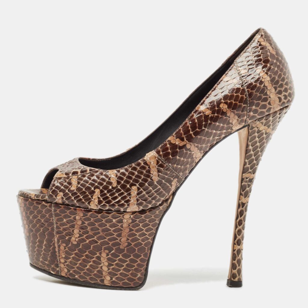 luxury-women-giuseppe-zanotti-used-shoes-p1103617-004 Giuseppe Zanotti Brown Python Leather Platform Pumps Size 38.5
