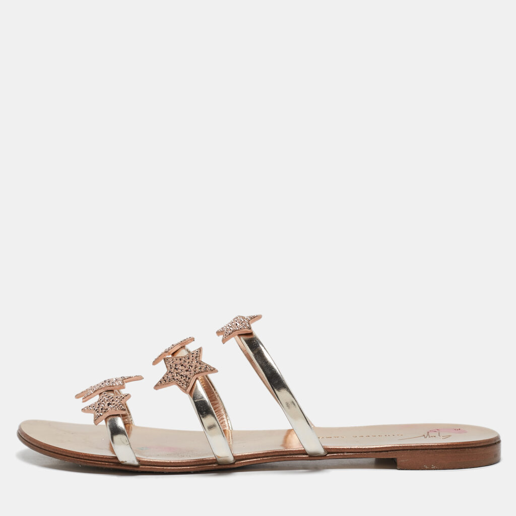luxury-women-giuseppe-zanotti-used-shoes-p1104990-001 Giuseppe Zanotti Metallic Leather and Suede Star Flat Slides Size 39