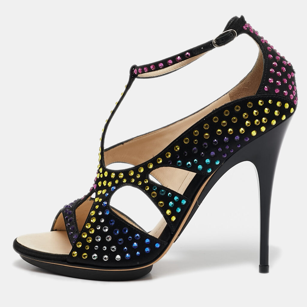luxury-women-giuseppe-zanotti-used-shoes-p1109002-008 Giuseppe Zanotti Black Satin Crystal Embellished Strappy Sandals Size 39