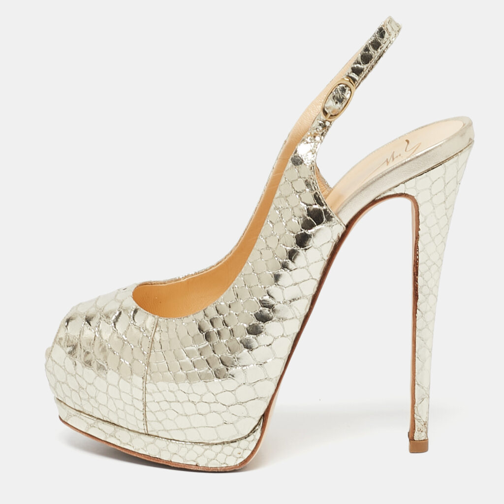 luxury-women-giuseppe-zanotti-used-shoes-p1109198-008 Giuseppe Zanotti Gold Python Embossed Leather Peep Toe Slingback Sandals Size 37.5