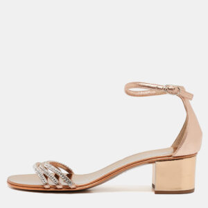 Giuseppe Zanotti Metallic Gold Leather Crystal Embellished Ankle Strap Flat Sandals Size 36
