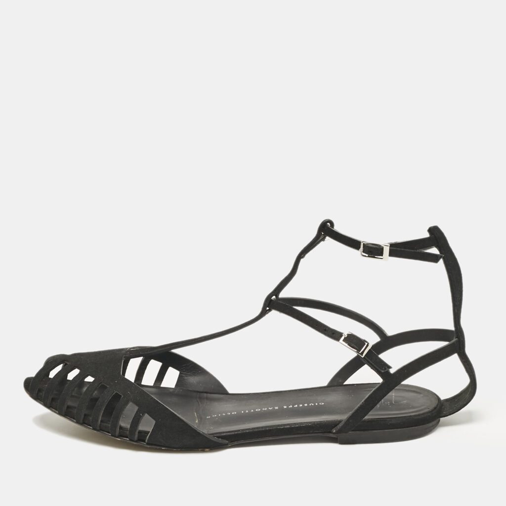 Giuseppe Zanotti Black Suede Ankle Strap Flats Size 38.5