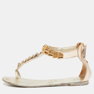 Giuseppe Zanotti Gold Leather Embellished Ankle Strap Flat Sandals Size 41