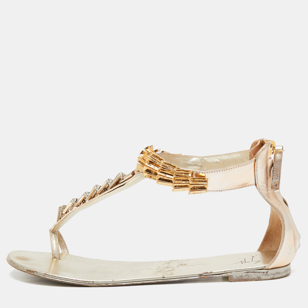 luxury-women-giuseppe-zanotti-used-shoes-p1113770-001 Giuseppe Zanotti Gold Leather Embellished Ankle Strap Flat Sandals Size 41