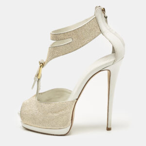 Giuseppe Zanotti White Leather Gold Strass Buckle Sandals Size 37