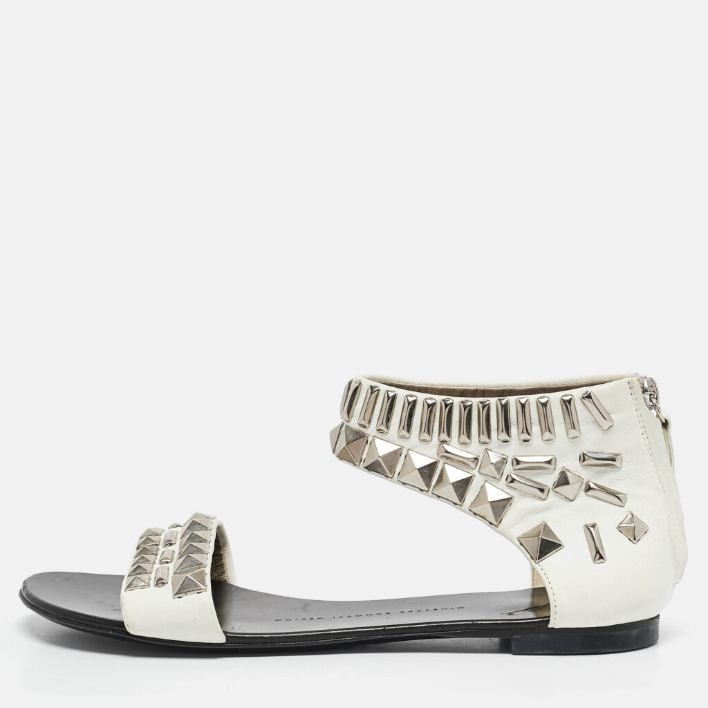 luxury-women-giuseppe-zanotti-used-shoes-p1117284-010 Giuseppe Zanotti White Leather Studded Ankle Cuff Zipper Flats Size 37.5