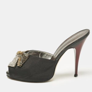 Giuseppe Zanotti Black Satin Crystal Embellished Mules Size 38.5