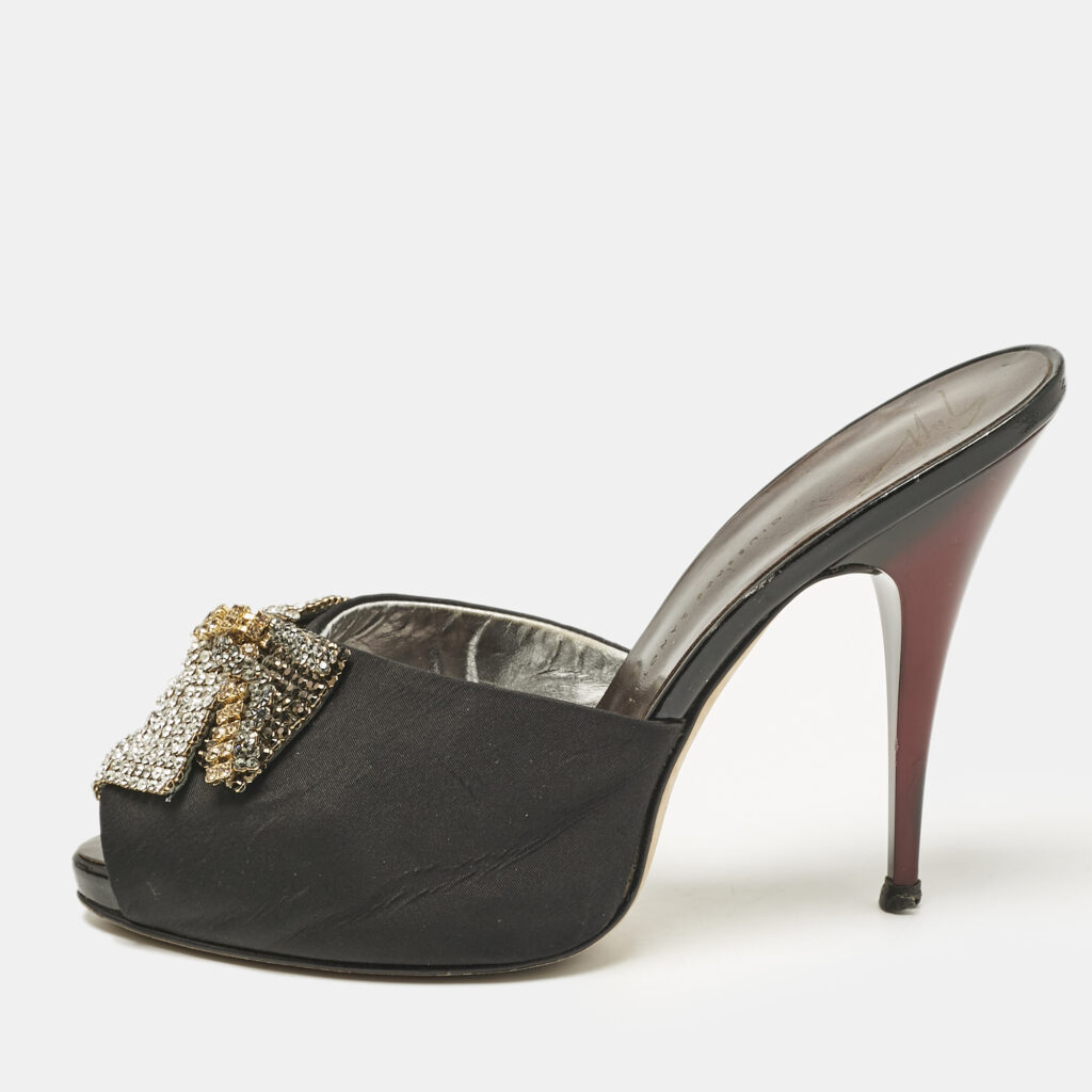 Giuseppe Zanotti Black Satin Crystal Embellished Mules Size 38.5