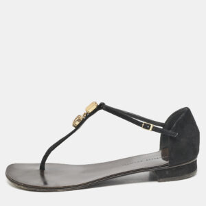 Giuseppe Zanotti Black Leather and Suede Crystal  Embellished Flat Sandals Size 37