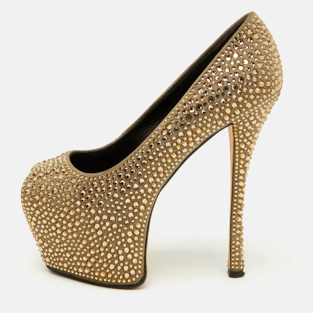 Giuseppe Zanotti Grey Suede Crystal Embellished Exaggerated Platform Pumps Size 35