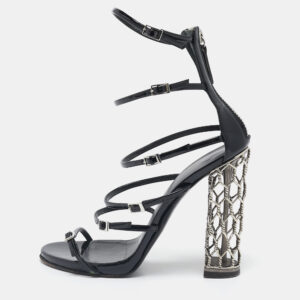 Giuseppe Zanotti Black Patent Leather Lauren Metal Cage Heel Strappy Sandals Size 38.5