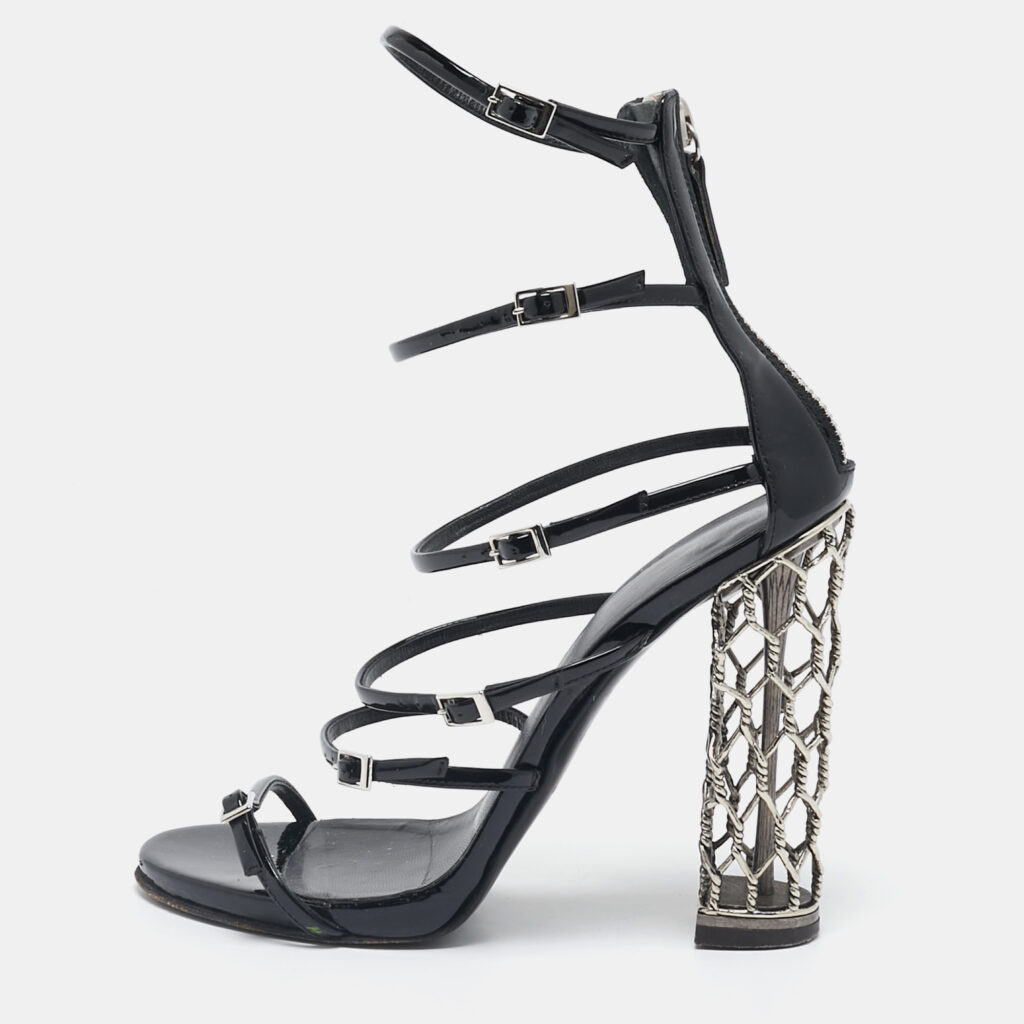 luxury-women-giuseppe-zanotti-used-shoes-p1139763-001 Giuseppe Zanotti Black Patent Leather Lauren Metal Cage Heel Strappy Sandals Size 38.5