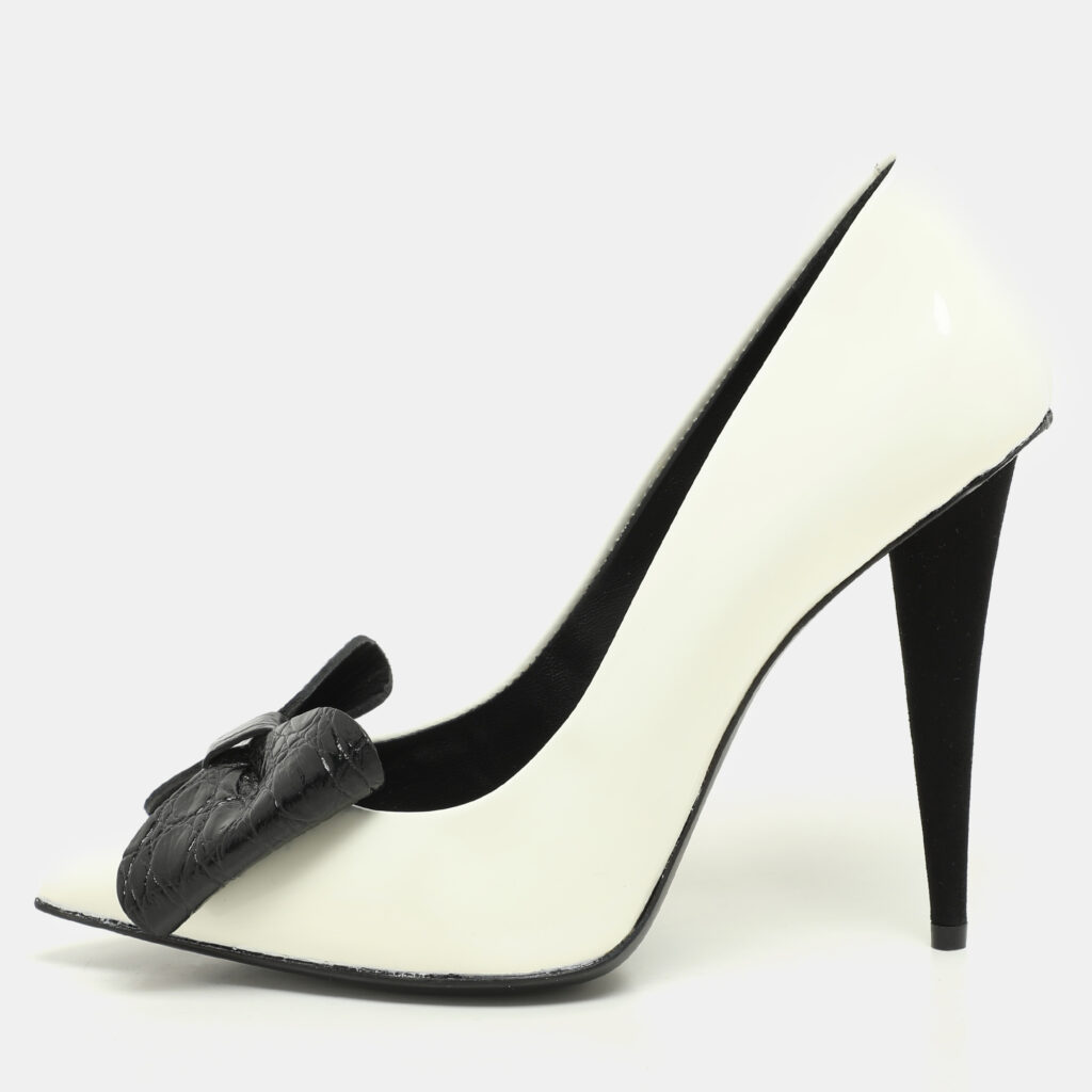 Giuseppe Zanotti White/Black Patent Leather and Croc Embossed Leather Bow Pumps Size 38