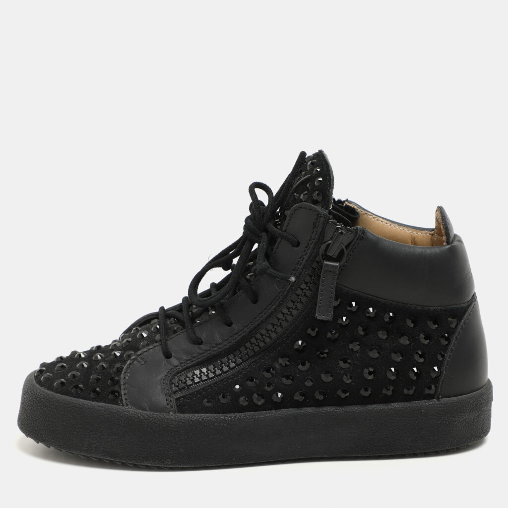 Giuseppe Zanotti black Suede Embellished High Top Sneakers Size 37