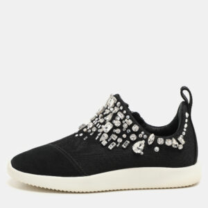 Giuseppe Zanotti Black Crystal Embellished Suede And Mesh May London Slip On Sneakers Size 36