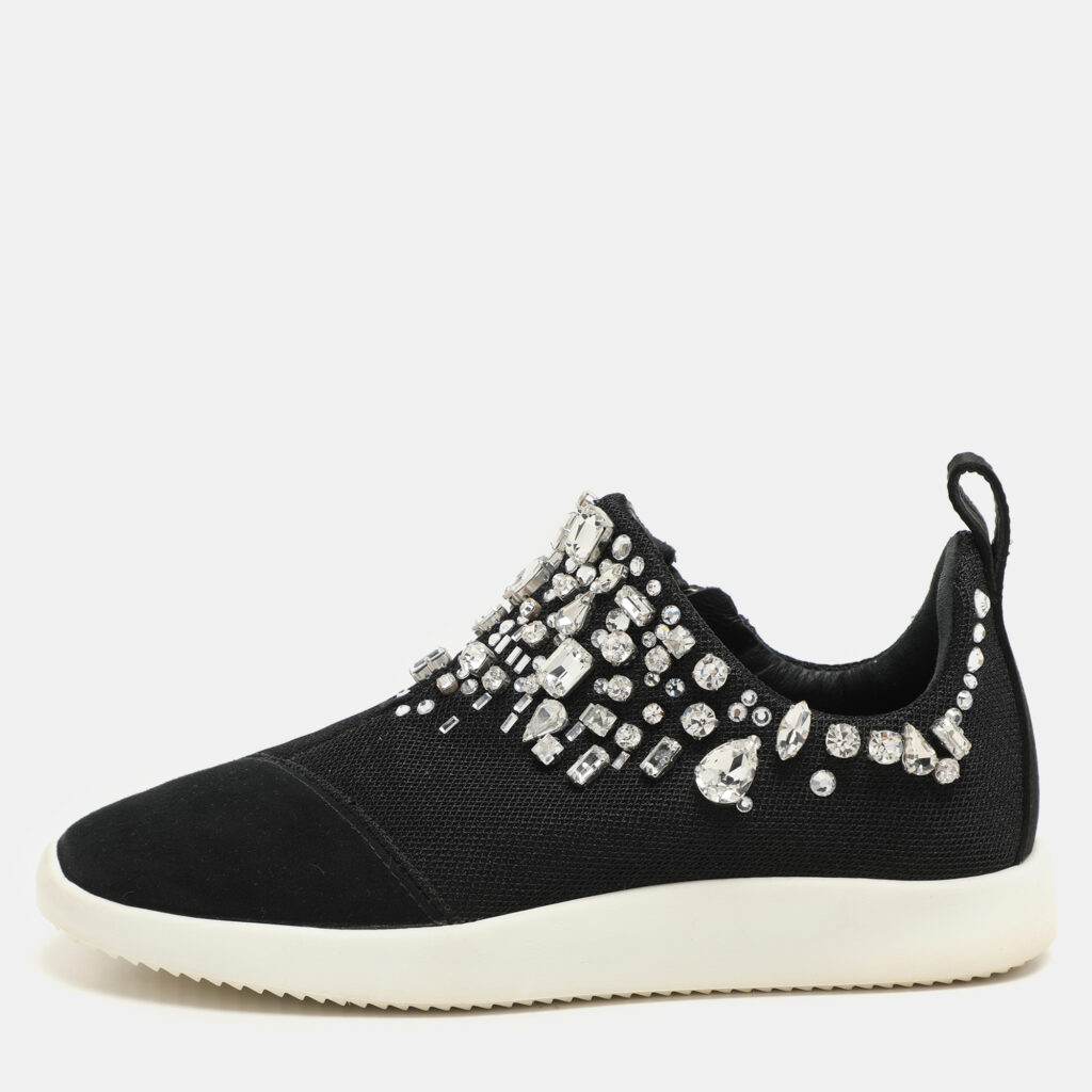 luxury-women-giuseppe-zanotti-used-shoes-p1146177-007 Giuseppe Zanotti Black Crystal Embellished Suede And Mesh May London Slip On Sneakers Size 36