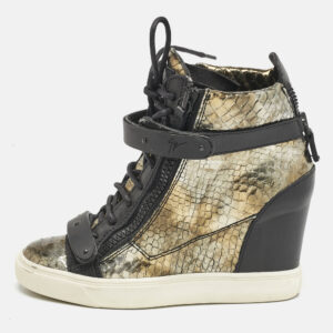 Giuseppe Zanotti Metallic Python Embossed Leather Wedge Sneakers Size 39