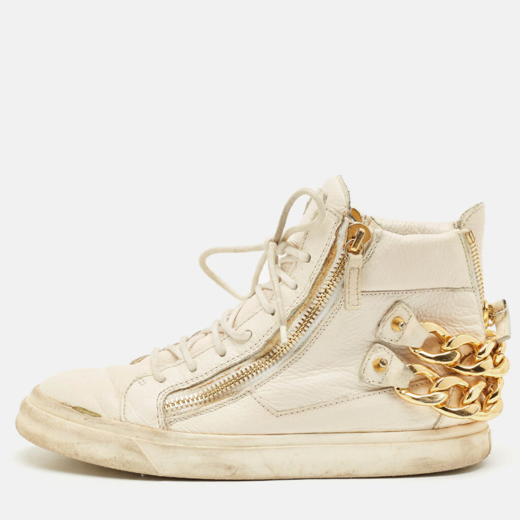 luxury-women-giuseppe-zanotti-used-shoes-p1148685-010 Giuseppe Zanotti Cream Leather Chain Detail High Top Sneakers Size 39.5