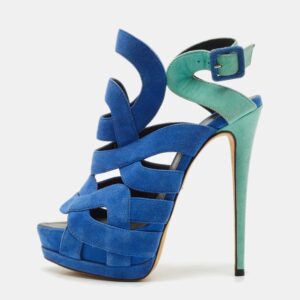 giuseppe zanotti blue/green suede cutout caged strappy platform sandals size 39