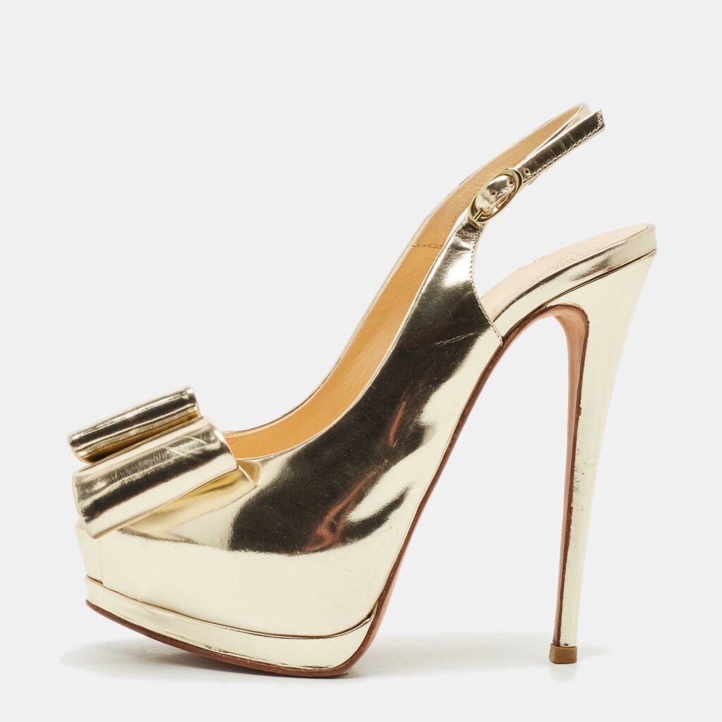 luxury-women-giuseppe-zanotti-used-shoes-p1149273-003.jpg Giuseppe Zanotti Metallic Gold Leather Bow Platform Slingback Pumps Size 37.5