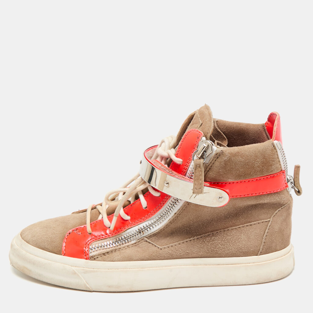 luxury-women-giuseppe-zanotti-used-shoes-p1152957-001 Giuseppe Zanotti Orange/Beige Suede And Patent Leather Coby High Top Sneakers Size 39