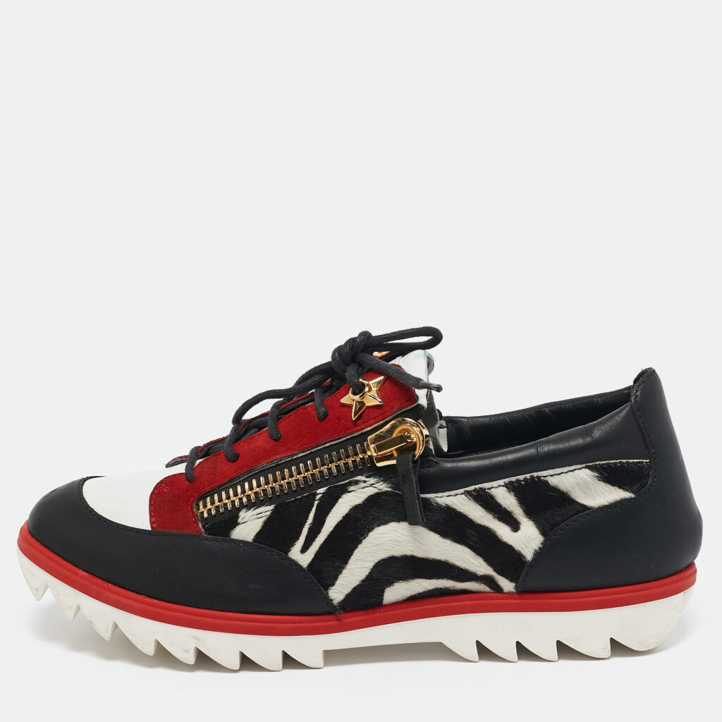 luxury-women-giuseppe-zanotti-used-shoes-p1157948-008 Giuseppe Zanotti Multicolor Zebra Print Pony Hair and Leather Lace Up Sneakers Size 42.5